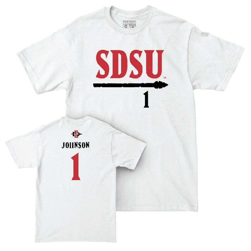 Football Jersey for Custom Apparel for Fans-SDSU Football White Staple Comfort Colors Tee - Chris Johnson #1