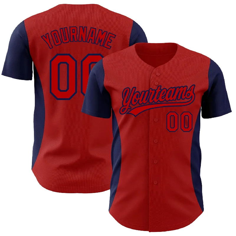 Baseball Jersey for College Baseball Teams-Custom Red Navy 3D Pattern Design Side Stripes Authentic Baseball Jersey