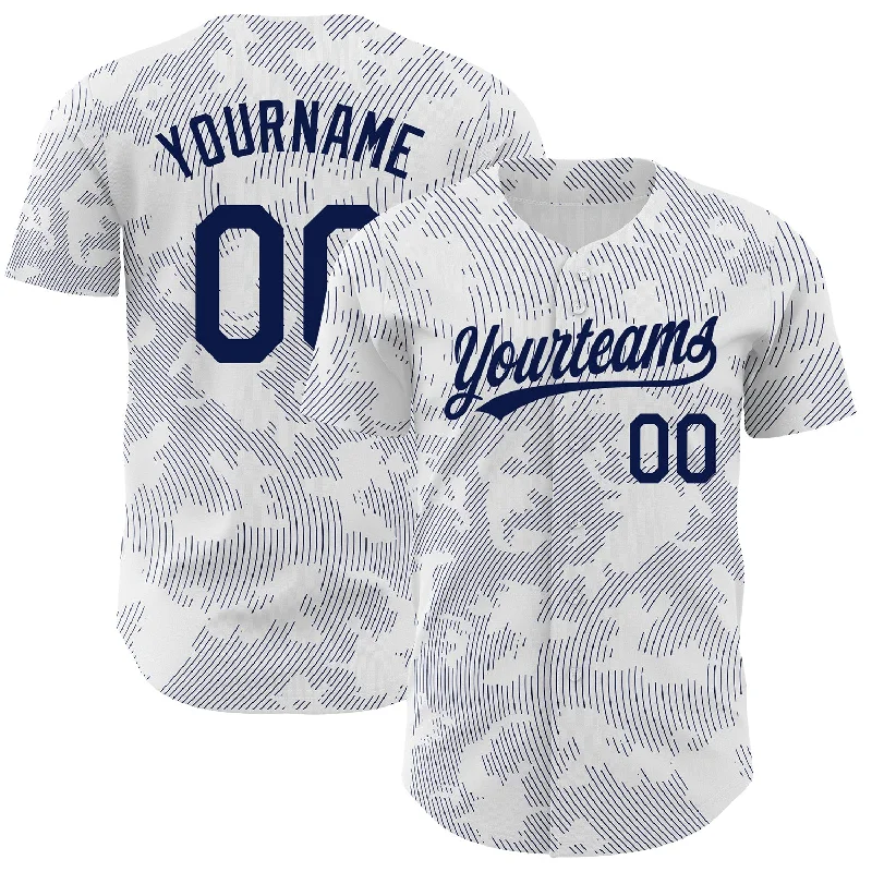 Baseball Jersey for Local Baseball Leagues-Custom White Navy 3D Pattern Design Curve Lines Authentic Baseball Jersey