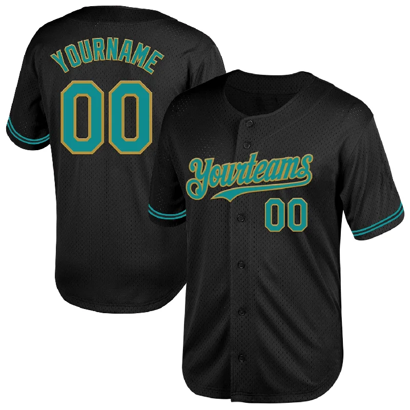 Baseball Jersey for Kids’ Baseball Team Gear-Custom Black Teal-Old Gold Mesh Authentic Throwback Baseball Jersey