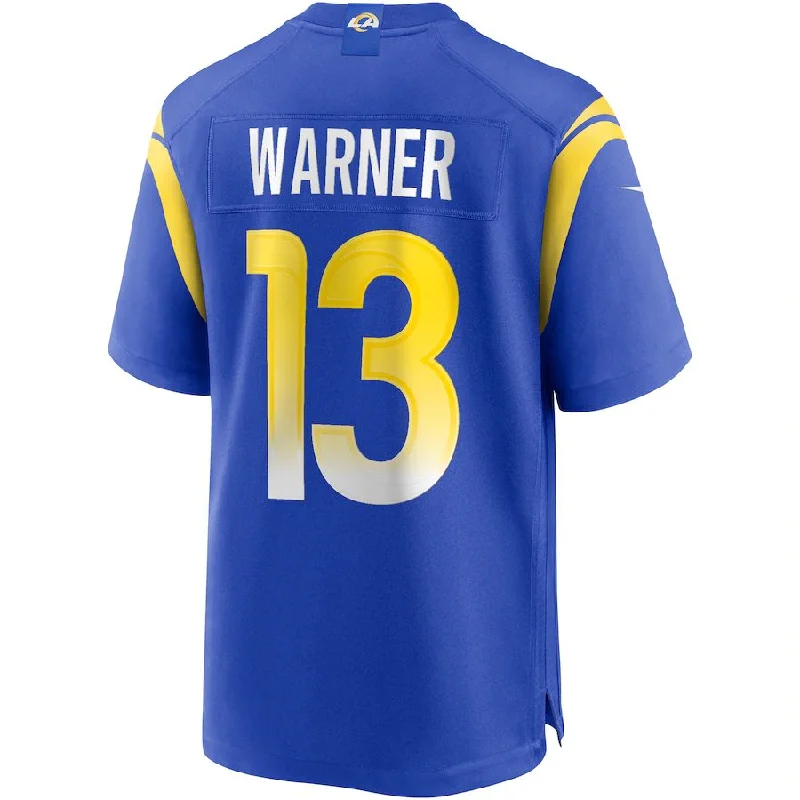 Rugby Jersey for Limited-Edition Rugby Team Jerseys-LA.Rams #13 Kurt Warner Royal Game Retired Player Jersey Stitched American Football Jerseys