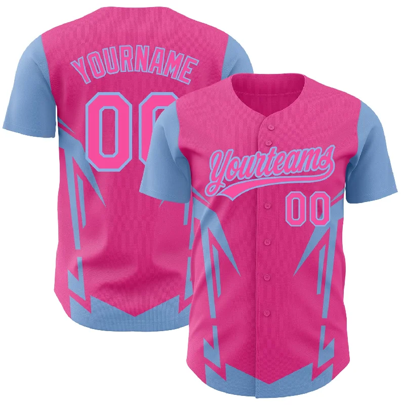 Baseball Jersey for Local Baseball Leagues-Custom Pink Light Blue 3D Pattern Design Side Sharp Edges Authentic Baseball Jersey