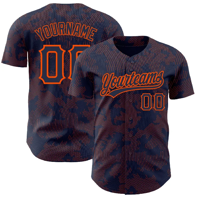 Baseball Jersey for Local School Baseball Teams-Custom Navy Orange 3D Pattern Design Curve Lines Authentic Baseball Jersey