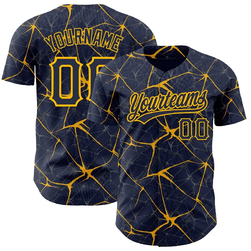 Baseball Jersey for Limited Edition Fan Gear-Custom Navy Gold 3D Pattern Design Abstract Network Authentic Baseball Jersey