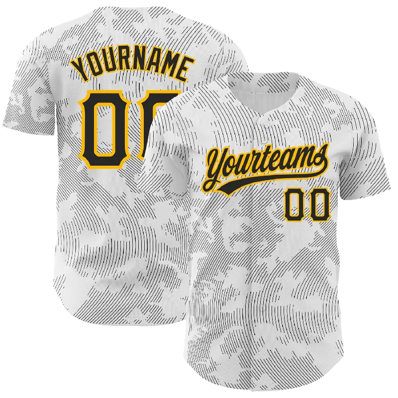 Baseball Jersey for Youth Baseball Leagues-Custom White Black-Gold 3D Pattern Design Curve Lines Authentic Baseball Jersey