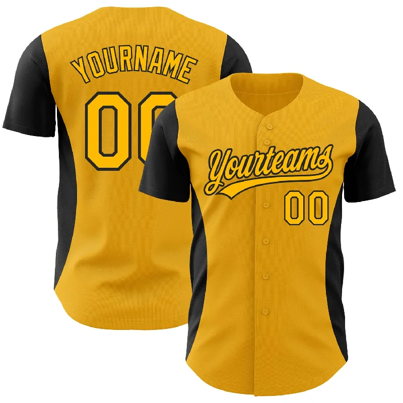 Baseball Jersey for Official League Merchandise-Custom Gold Black 3D Pattern Design Side Stripes Authentic Baseball Jersey