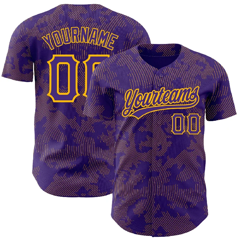 Baseball Jersey for Group Sports Apparel-Custom Purple Gold 3D Pattern Design Curve Lines Authentic Baseball Jersey