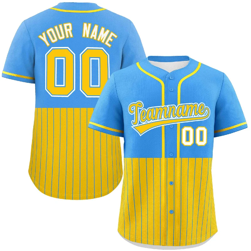 Baseball Jersey for College and Professional Fans-Custom Powder Blue Gold Personalized Half Stripe Design Authentic Baseball Jersey