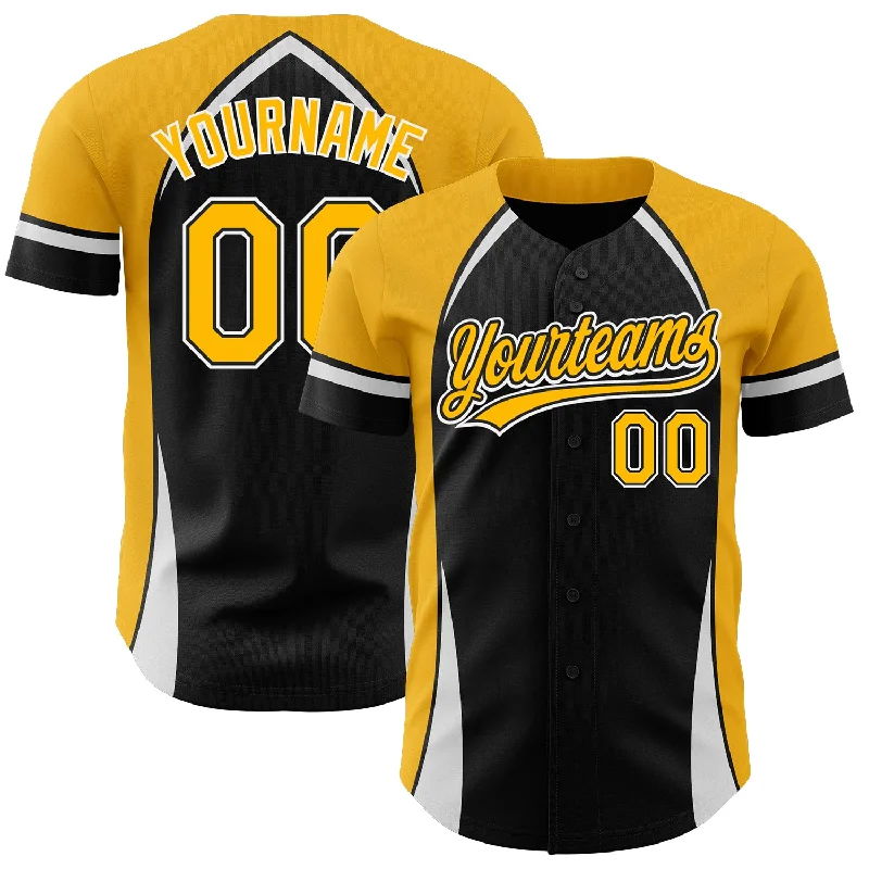 Baseball Jersey for Personalized Fan Apparel for Teams-Custom Black Gold-White 3D Pattern Design Curve Solid Authentic Baseball Jersey