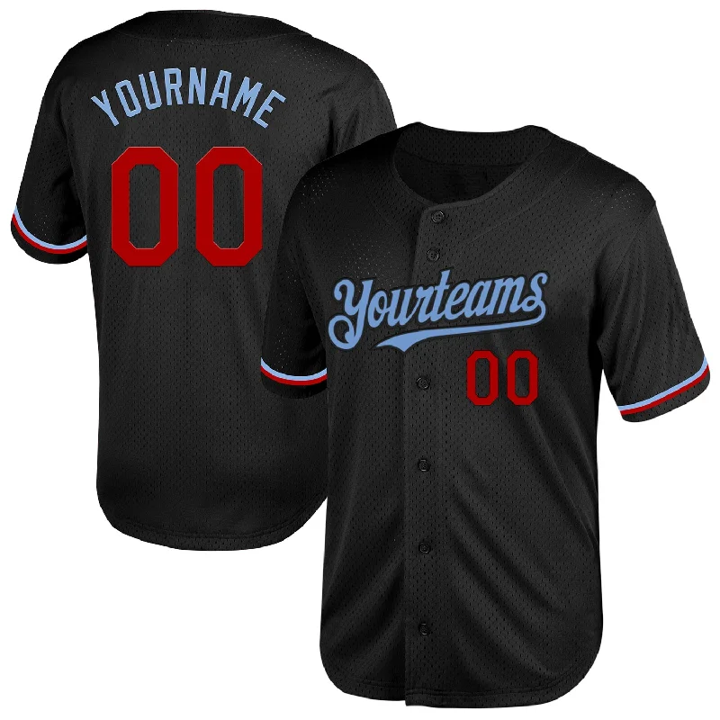 Baseball Jersey for Customized Jerseys for Baseball Fans-Custom Black Red-Light Blue Mesh Authentic Throwback Baseball Jersey