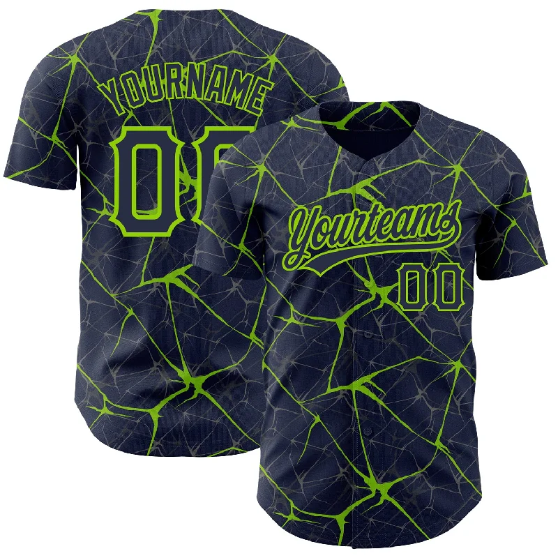 Baseball Jersey for College and Professional Fans-Custom Navy Neon Green 3D Pattern Design Abstract Network Authentic Baseball Jersey