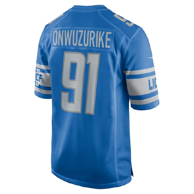 Rugby Jersey for Holiday Gift Ideas for Rugby Fans-D.Lions #91 Levi Onwuzurike Blue Player Game Jersey Stitched American Football Jerseys