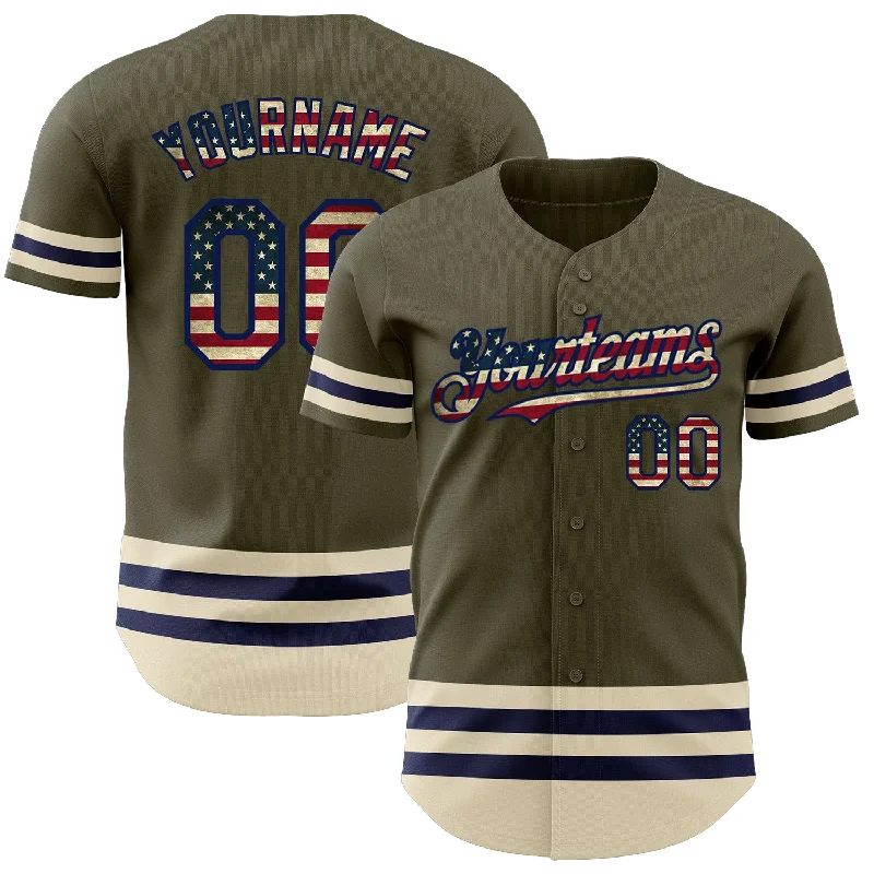 Baseball Jersey for Custom Team Jerseys-Custom Olive Vintage USA Flag Navy-Cream Line Authentic Salute To Service Baseball Jersey