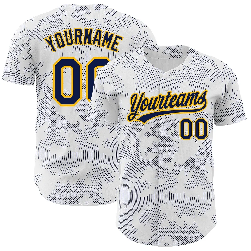 Baseball Jersey for Personalized Player Names-Custom White Navy-Gold 3D Pattern Design Curve Lines Authentic Baseball Jersey