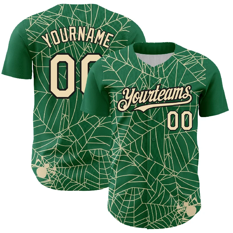 Baseball Jersey for Baseball Fan Apparel for Events-Custom Kelly Green Cream-Black 3D Pattern Design Spider Web Authentic Baseball Jersey