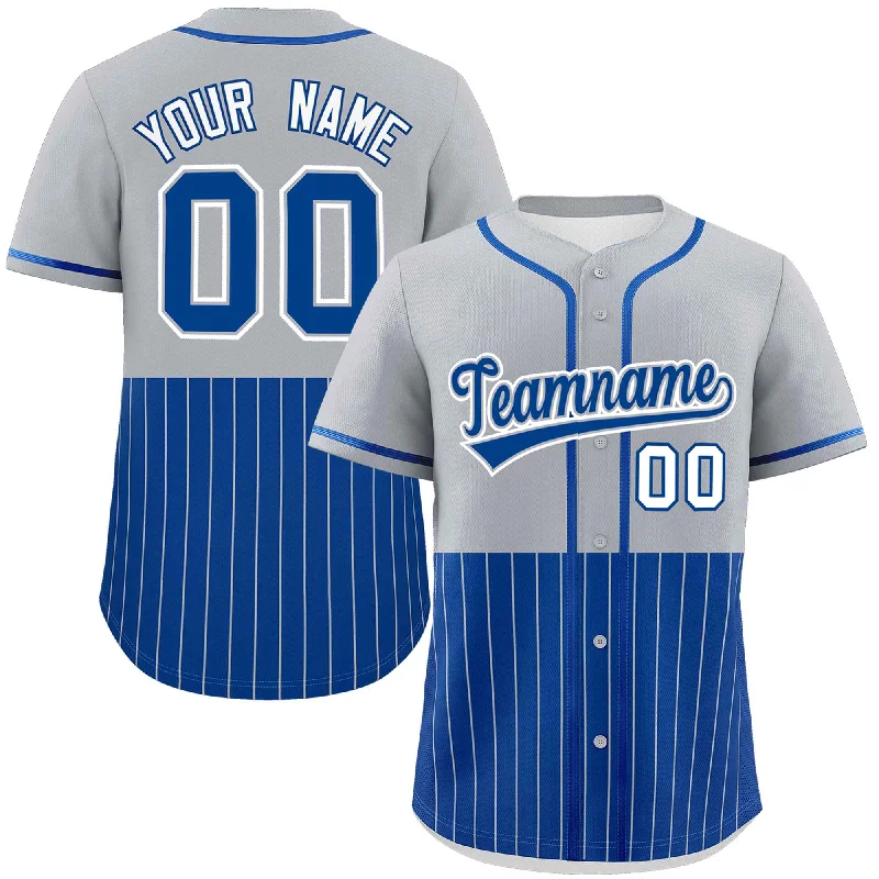 Baseball Jersey for Personalized Jerseys for Schools-Custom Gray Royal Personalized Half Stripe Design Authentic Baseball Jersey