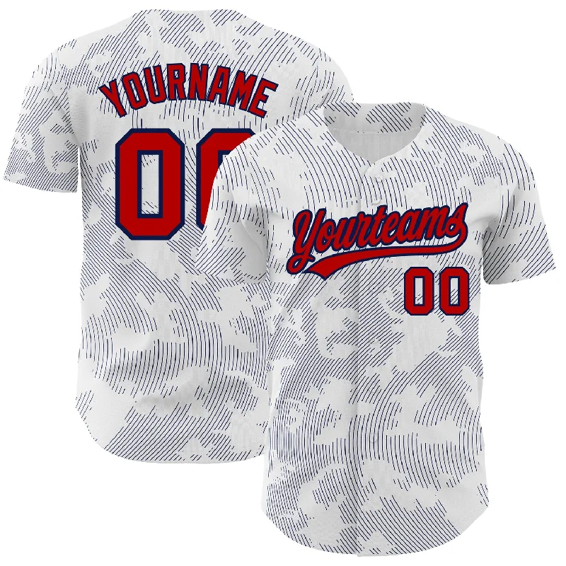 Baseball Jersey for Custom Fan Gear-Custom White Red-Navy 3D Pattern Design Curve Lines Authentic Baseball Jersey