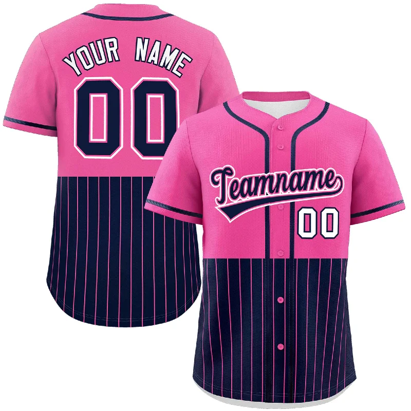 Baseball Jersey for Championship Games-Custom Pink Navy Personalized Half Stripe Design Authentic Baseball Jersey