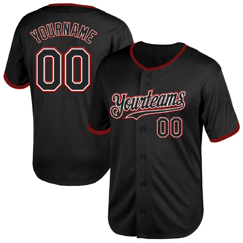 Baseball Jersey for Custom Team Wear for Leagues-Custom Black White-Red Mesh Authentic Throwback Baseball Jersey