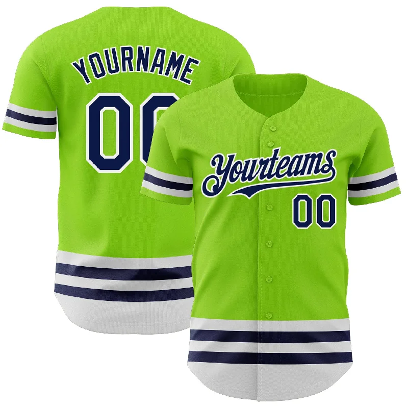 Baseball Jersey for Custom Team Jerseys for Families-Custom Neon Green Navy-White Line Authentic Baseball Jersey