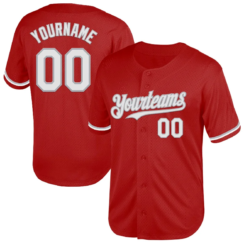 Baseball Jersey for Youth Baseball Teams-Custom Red White-Gray Mesh Authentic Throwback Baseball Jersey