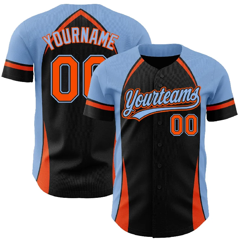 Baseball Jersey for Group Apparel for Teams-Custom Black Orange-Powder Blue 3D Pattern Design Curve Solid Authentic Baseball Jersey