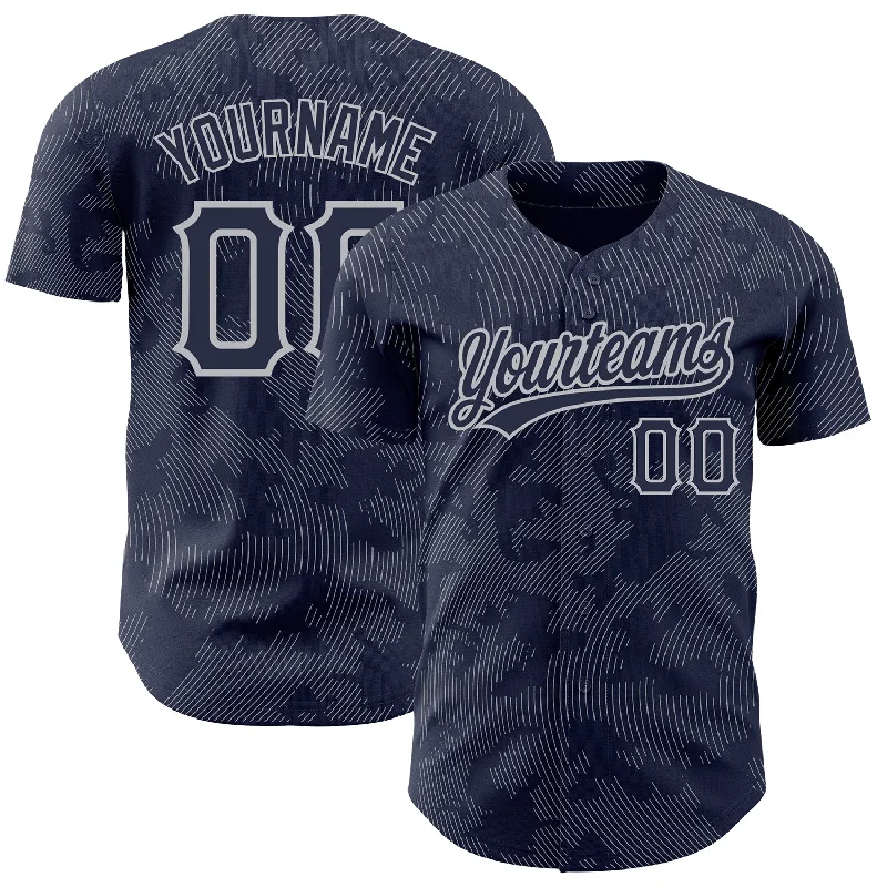 Baseball Jersey for Baseball-Themed Gifts for Kids-Custom Navy Gray 3D Pattern Design Curve Lines Authentic Baseball Jersey