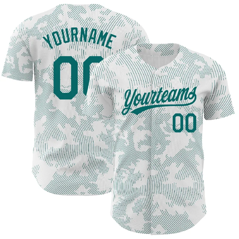 Baseball Jersey for Special Baseball Event Merchandise-Custom White Teal 3D Pattern Design Curve Lines Authentic Baseball Jersey