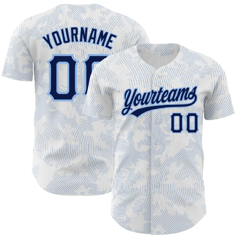 Baseball Jersey for Custom Team Jerseys for Schools-Custom White Navy-Light Blue 3D Pattern Design Curve Lines Authentic Baseball Jersey