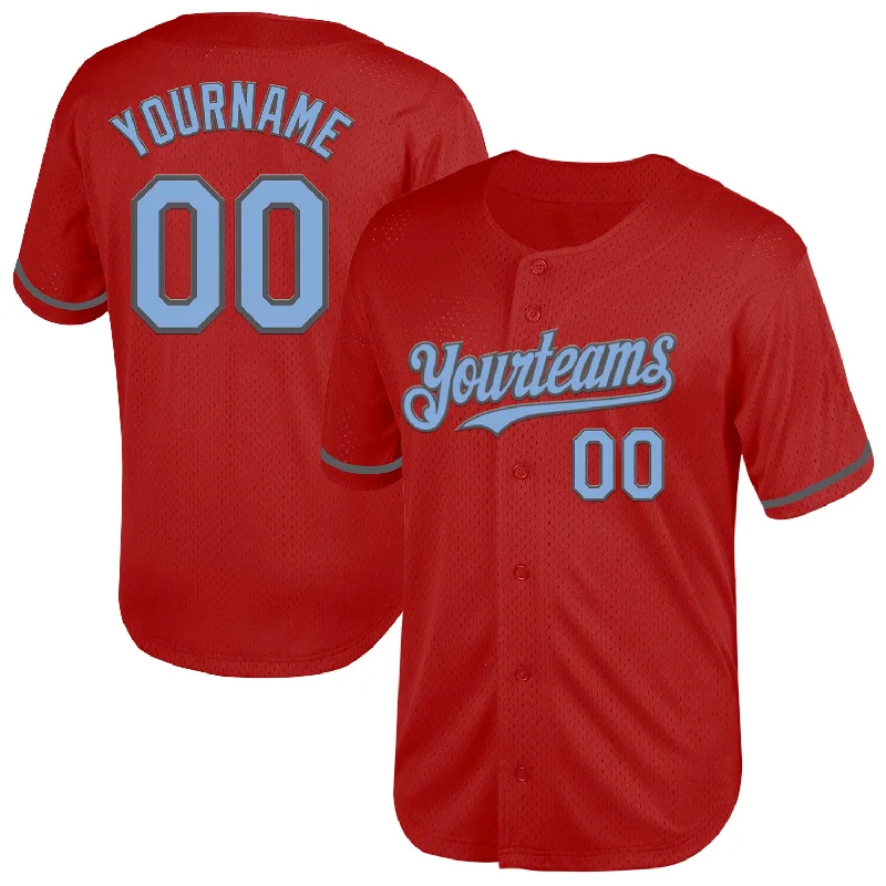 Baseball Jersey for High School Baseball Gear-Custom Red Light Blue-Steel Gray Mesh Authentic Throwback Baseball Jersey