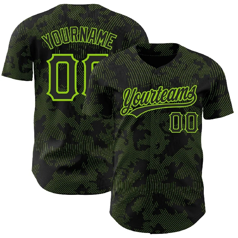 Baseball Jersey for Fun Baseball Apparel for Families-Custom Black Neon Green 3D Pattern Design Curve Lines Authentic Baseball Jersey