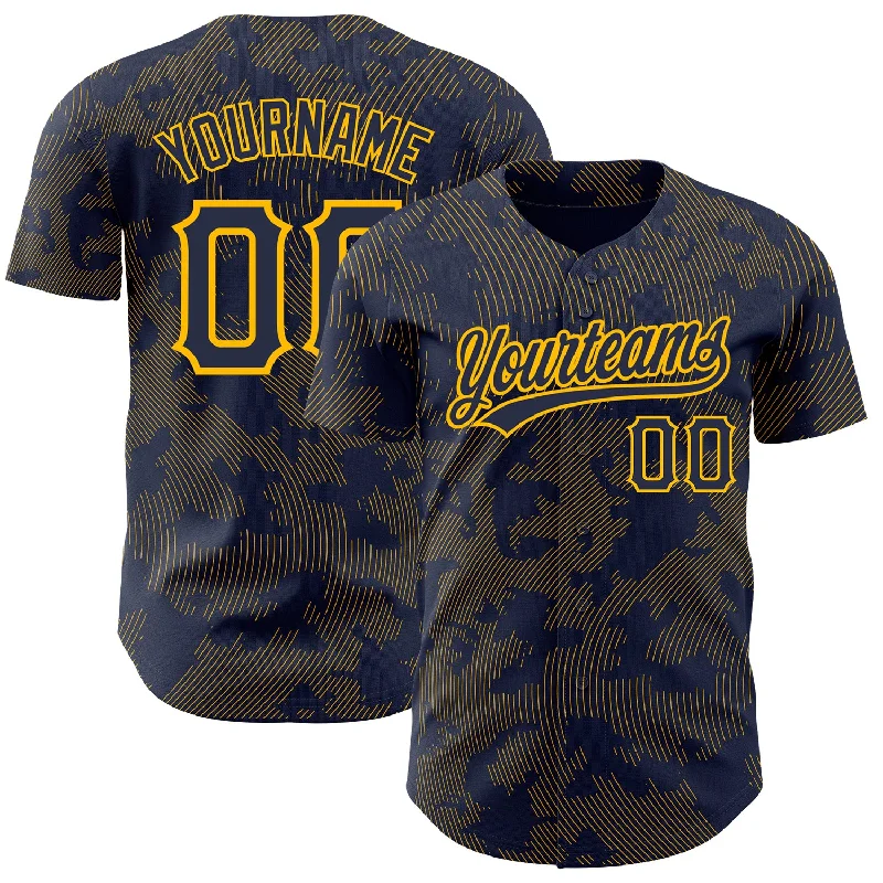 Baseball Jersey for Fun Baseball Fan Apparel-Custom Navy Gold 3D Pattern Design Curve Lines Authentic Baseball Jersey