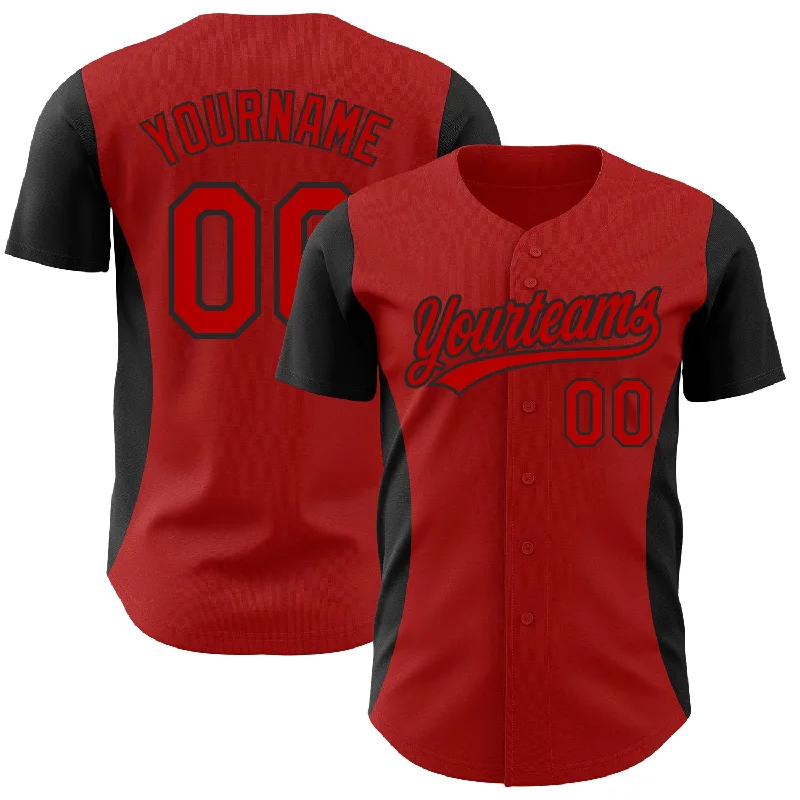 Baseball Jersey for Player Recognition-Custom Red Black 3D Pattern Design Side Stripes Authentic Baseball Jersey