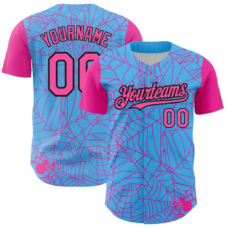 Baseball Jersey for Local Team Apparel for Baseball-Custom Sky Blue Pink-Black 3D Pattern Design Spider Web Authentic Baseball Jersey