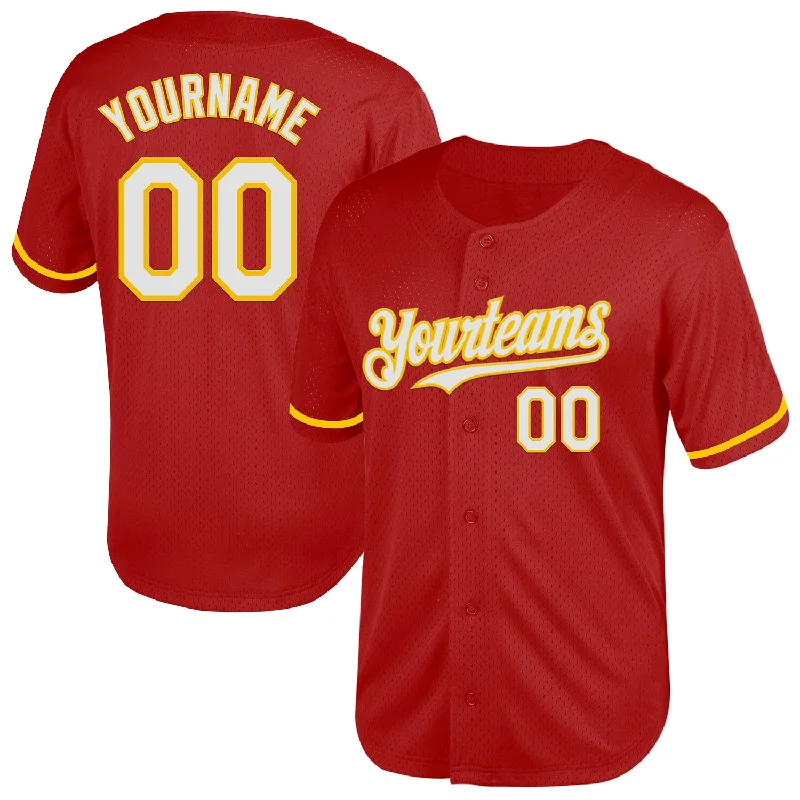 Baseball Jersey for Customizable Fan Apparel-Custom Red White-Yellow Mesh Authentic Throwback Baseball Jersey