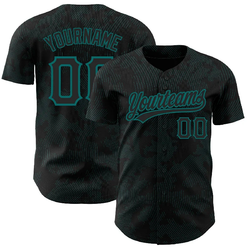 Baseball Jersey for Baseball Jerseys for Competitions-Custom Black Teal 3D Pattern Design Curve Lines Authentic Baseball Jersey