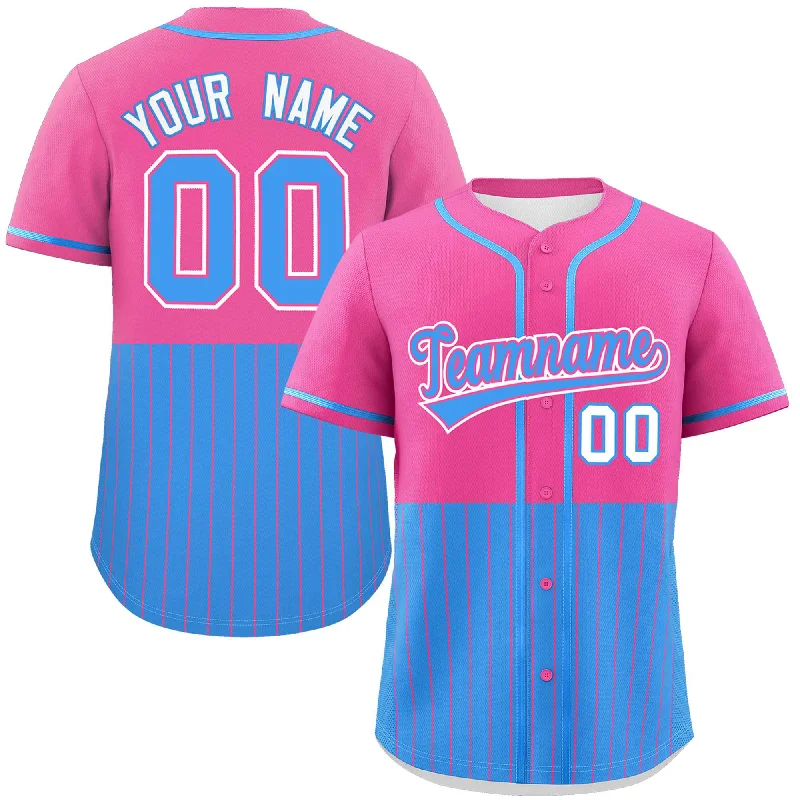 Baseball Jersey for High School Team Merchandise-Custom Pink Powder Blue Personalized Half Stripe Design Authentic Baseball Jersey