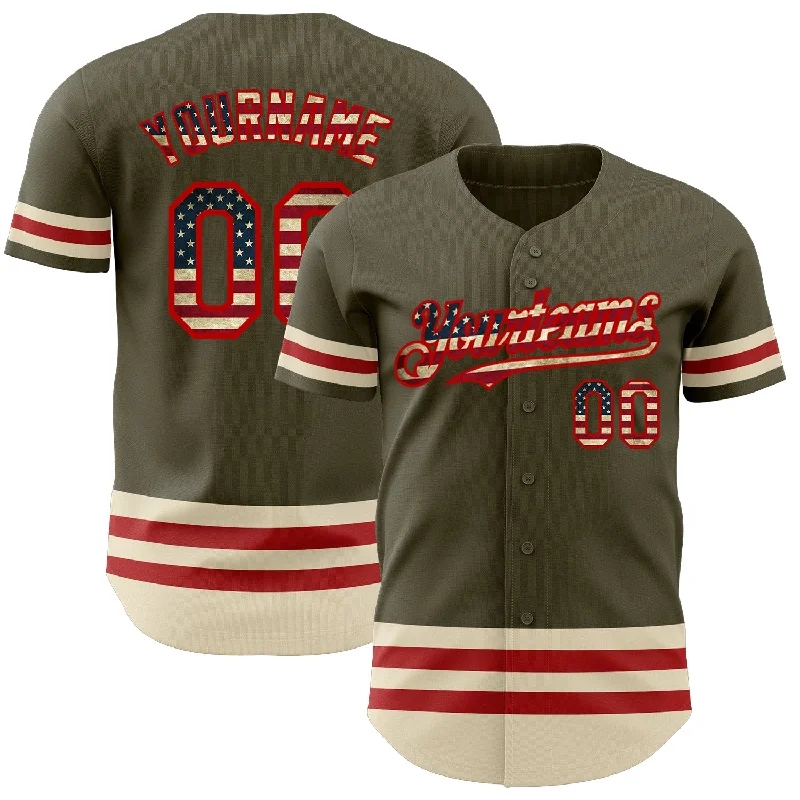 Baseball Jersey for Group Orders-Custom Olive Vintage USA Flag Red-Cream Line Authentic Salute To Service Baseball Jersey