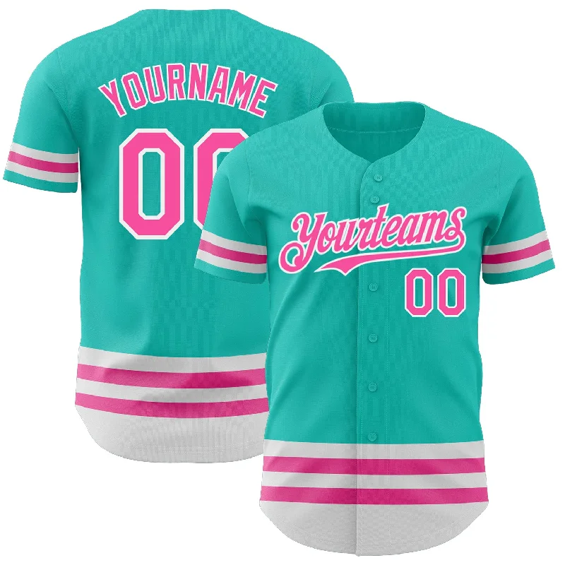 Personalized Baseball Jersey for Fans-Custom Aqua Pink-White Line Authentic Baseball Jersey