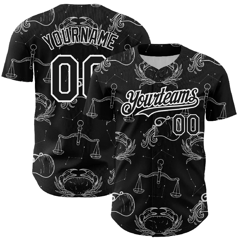 Baseball Jersey for Custom Graphics for Baseball Jerseys-Custom Black White 3D Pattern Design Zodiac Authentic Baseball Jersey