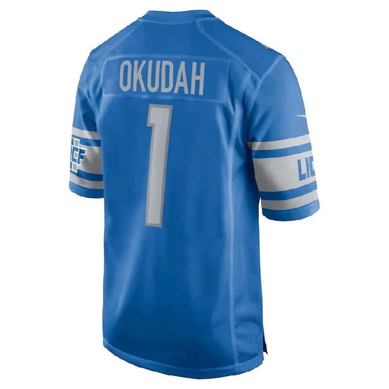 Rugby Jersey for Custom Fan Apparel for Local Teams-D.Lions #1 Jeff Okudah Blue Game Jersey Stitched American Football Jerseys