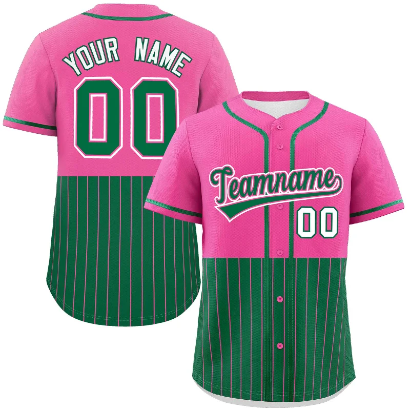 Baseball Jersey for Fun Baseball Tournaments-Custom Pink Kelly Green Personalized Half Stripe Design Authentic Baseball Jersey