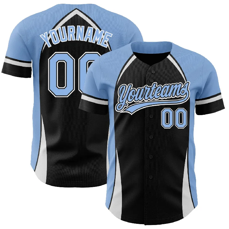 Baseball Jersey for College Baseball Fans-Custom Black Light Blue-White 3D Pattern Design Curve Solid Authentic Baseball Jersey