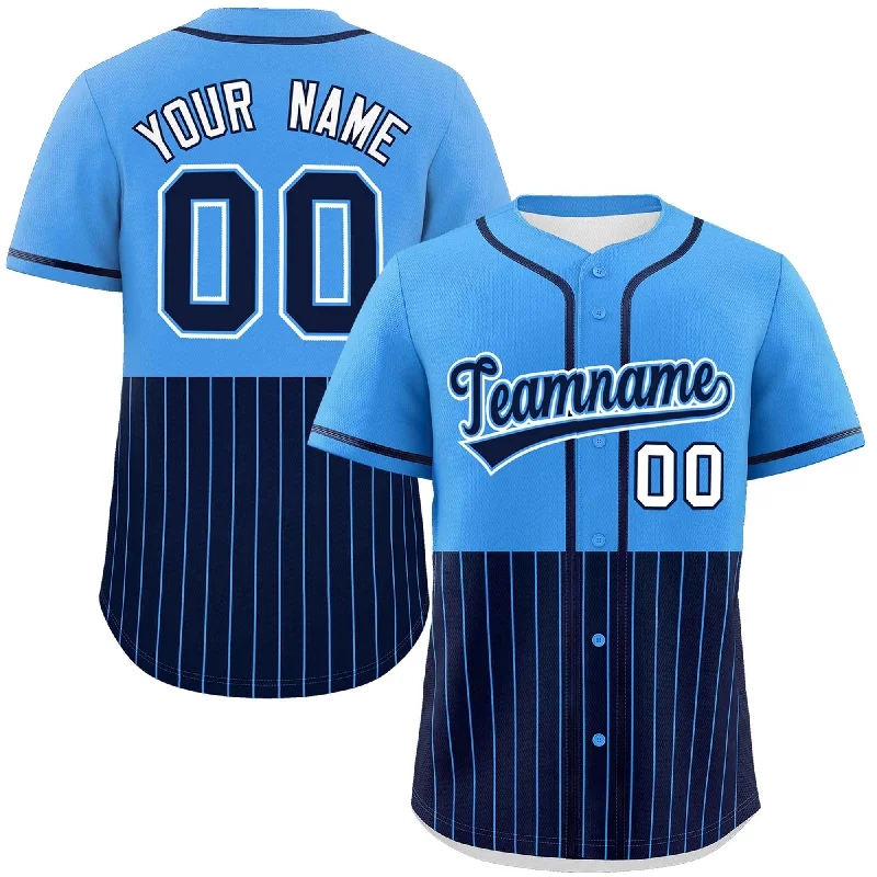 Baseball Jersey for Team Merchandise for Events-Custom Powder Blue Navy Personalized Half Stripe Design Authentic Baseball Jersey