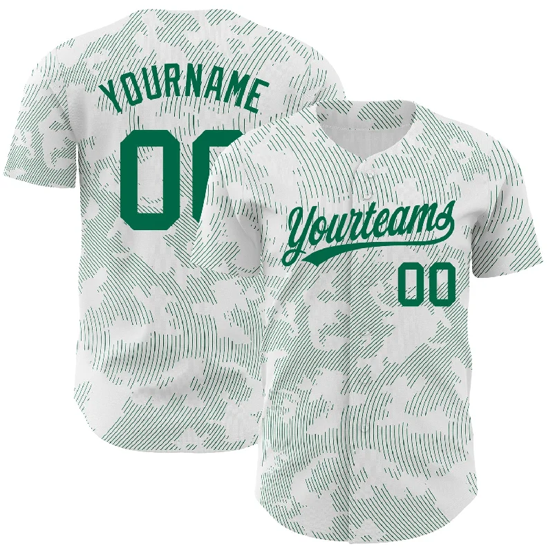 Baseball Jersey for Fun Family Baseball Events-Custom White Kelly Green 3D Pattern Design Curve Lines Authentic Baseball Jersey