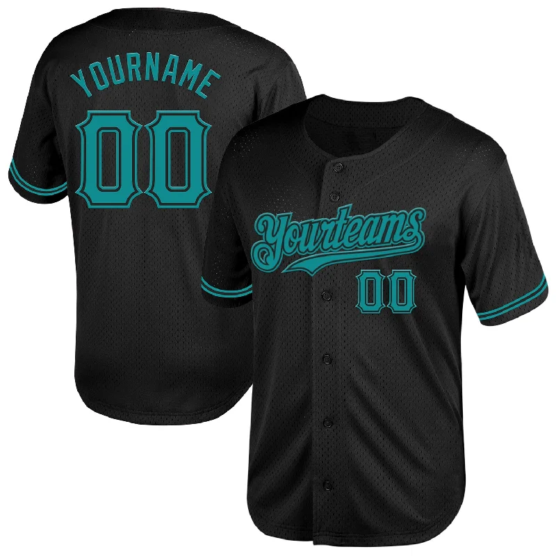 Baseball Jersey for Custom Team Apparel for Schools-Custom Black Teal Mesh Authentic Throwback Baseball Jersey