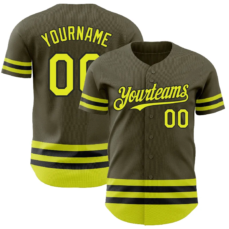 Baseball Jersey for Personalized Team Wear-Custom Olive Neon Yellow-Black Line Authentic Salute To Service Baseball Jersey