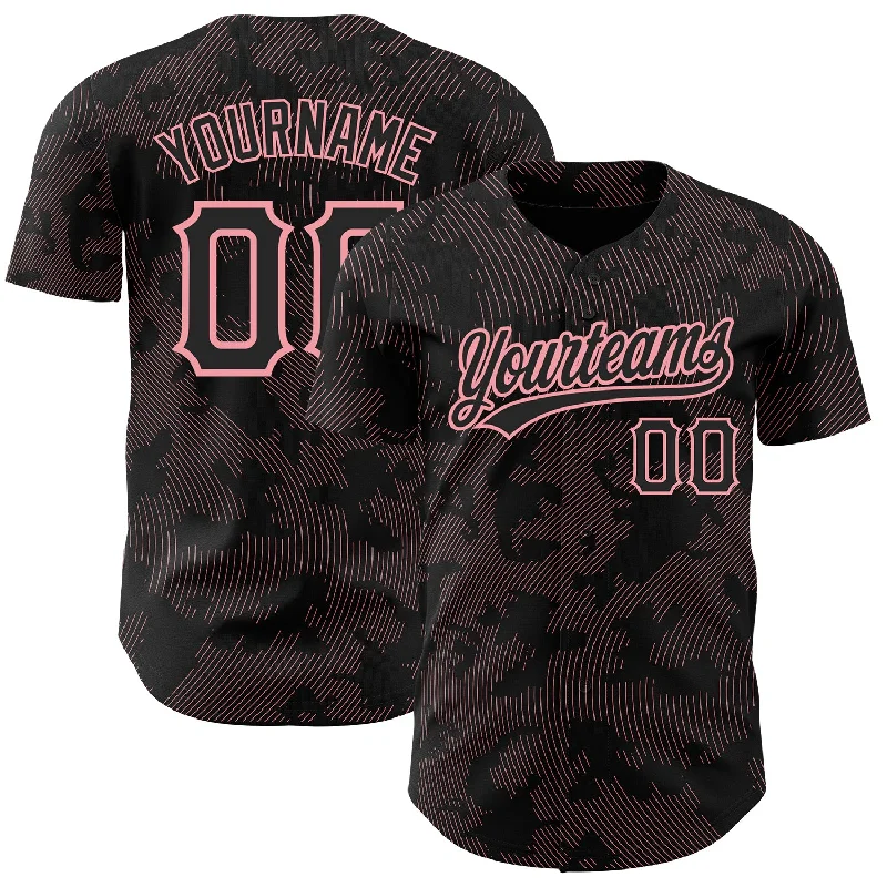 Baseball Jersey for Baseball Player Apparel for Schools-Custom Black Medium Pink 3D Pattern Design Curve Lines Authentic Baseball Jersey