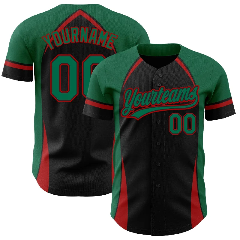 Baseball Jersey for Custom Fan Jerseys for Players-Custom Black Kelly Green-Red 3D Pattern Design Curve Solid Authentic Baseball Jersey