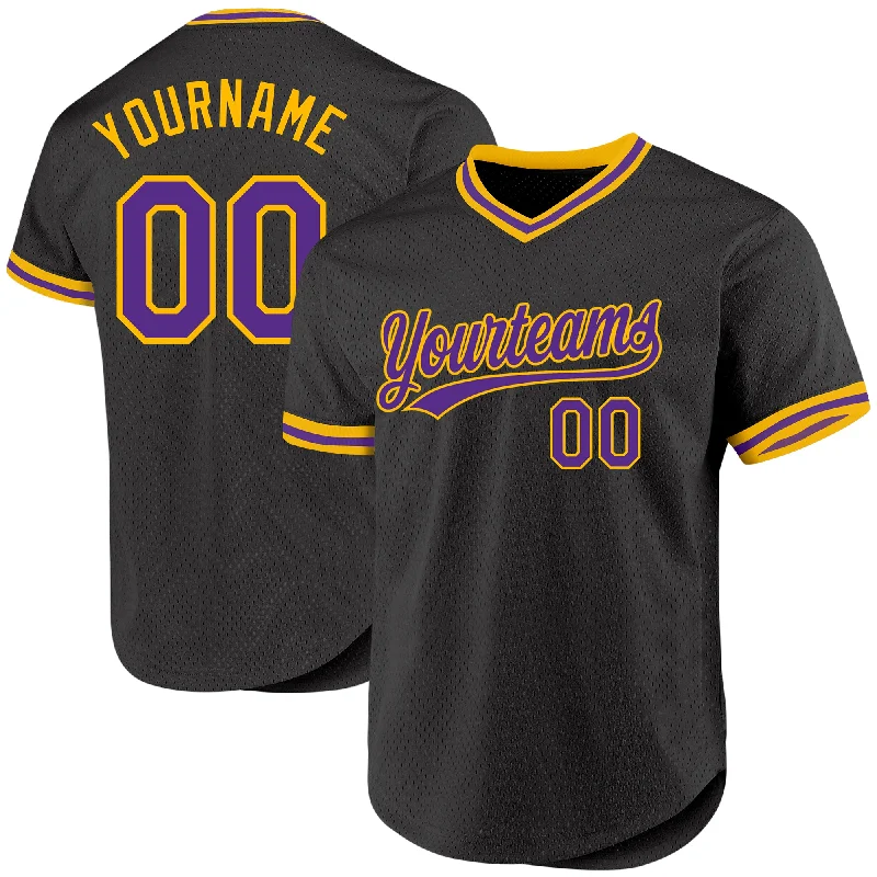 Baseball Jersey for Personalized Jerseys for Schools-Custom Black Purple-Gold Authentic Throwback Baseball Jersey